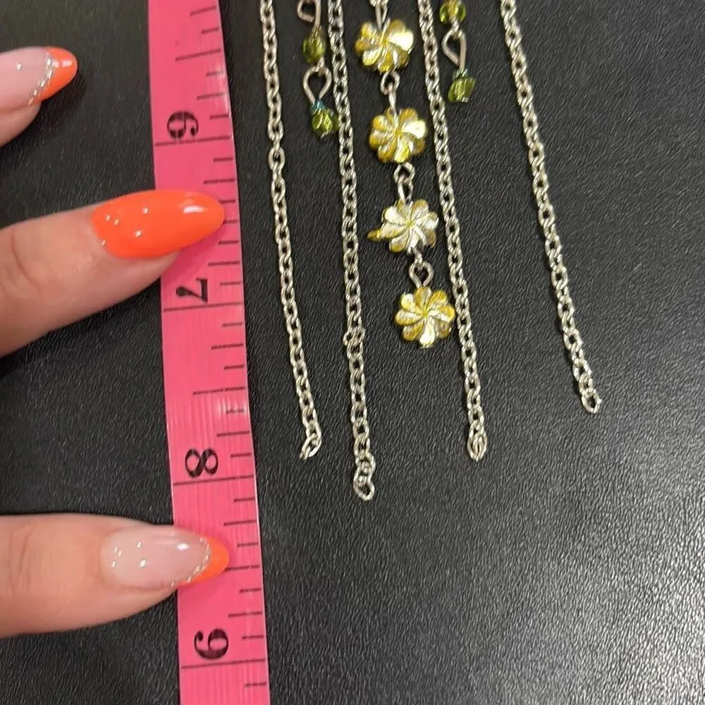 Silver Tone Half Moon Filigree Yellow Beaded Long Earrings Chain Fringe Boho NWT
